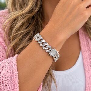 Silver Tone Rhinestone Cuban Link Bracelet Iced Out Bling Chunky Statement
